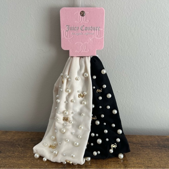 NWT Juicy Couture Hair Headband Cloth Elastic Accessories Black Cream Pearl Gold - Picture 1 of 2
